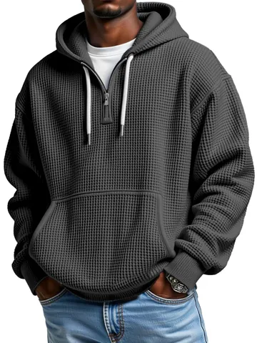 Sudadera con Capucha de Punto de Gofre para Hombre Vintage Media Cremallera Casual Holgada Manga Larga Top Moda de Otoño Streetwear