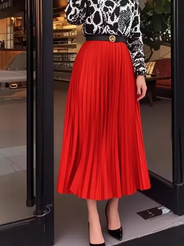 Jupe Midi Plissée Élégante à Taille Haute pour Femmes Jupe Longue en Ligne A de Couleur Unie Bas en Polyester Chic pour Fêtes