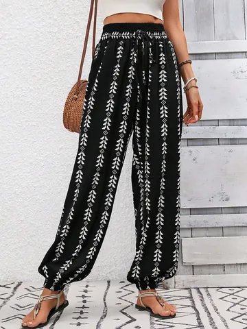 Women's Bohemian Geometric Print Lantern Pants Smocked High Waist Drawstring Casual Harem Pants Vacation Bottoms