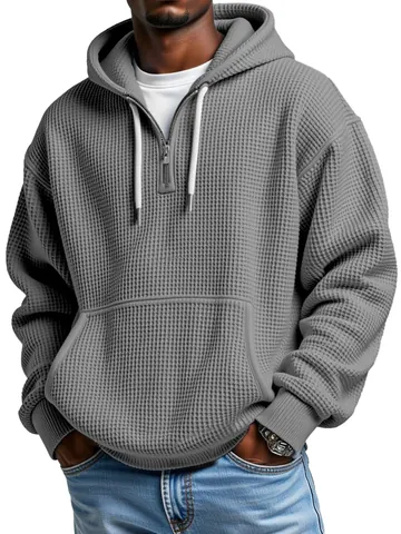 Men Waffle Knit Hoodie Quarter Zip Polyester Sweatshirt Loose Fit Casual Solid Color Top With Kangaroo Pocket For Autumn