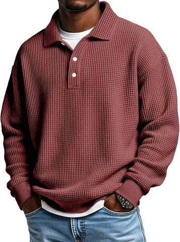 Polo de Punto de Gofre Casual para Hombre Manga Larga Corte Holgado con Cuello de Solapa Tops Pullover Moda Ropa Masculina