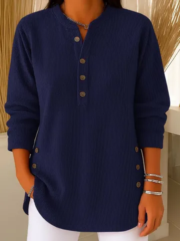 Damen Casual Henley V-Ausschnitt Langarm T-Shirt Lose Waffelstruktur Top Mit Dekorativen Seitenknöpfen Einfarbig Pendlerstil Kleidung