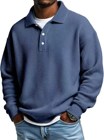 Polo de Punto de Gofre Casual para Hombre Manga Larga Corte Holgado con Cuello de Solapa Tops Pullover Moda Ropa Masculina