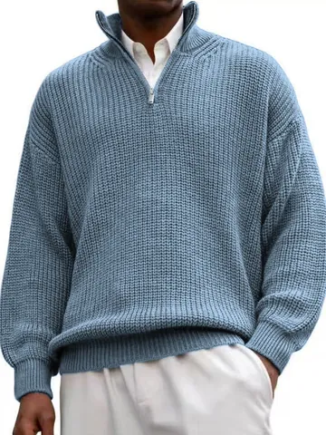 Suéter de Punto Casual para Hombre con Media Cremallera Cuello Alto Ajuste Holgado Color Sólido Manga Larga Sudadera de Punto Pesado Para Invierno
