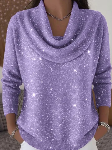 Men's Sparkly Silver Wire Cowl Neck Long Sleeve Top Casual Solid Color Polyester T-Shirt For Autumn Winter Banquet Party Top