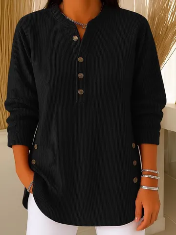 Damen Casual Henley V-Ausschnitt Langarm T-Shirt Lose Waffelstruktur Top Mit Dekorativen Seitenknöpfen Einfarbig Pendlerstil Kleidung