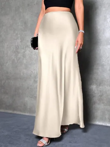 Elegant High Waist Satin Maxi Skirt for Women Solid Color A-Line Flowy Long Skirt for Office Party Evening Polyester Bottom