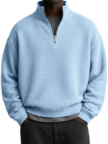 Men Quarter-Zip Waffle Knit Sweatshirt Loose Fit Stand Collar Solid Color Long Sleeve Pullover Casual Top