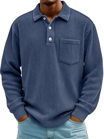 Men Casual Corduroy Polo Shirt Long Sleeve Turn-down Collar Ribbed Striped T-Shirt With Chest Pocket Solid Color Fashion Top