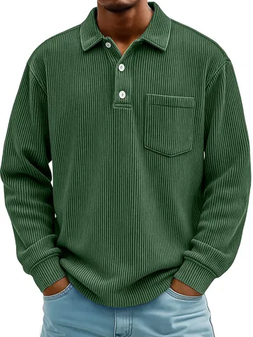 Men Casual Corduroy Polo Shirt Long Sleeve Turn-down Collar Ribbed Striped T-Shirt With Chest Pocket Solid Color Fashion Top