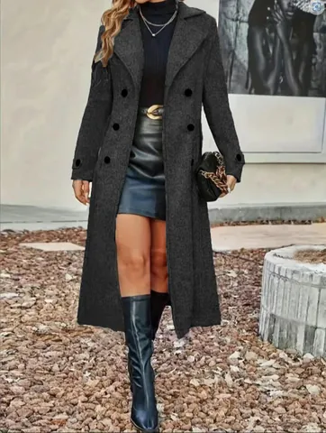 Cappotto Lungo Elegante da Donna in Misto Lana Spesso a Doppio Petto con Revers Capispalla Invernale Caldo con Tasche Giacca da Ufficio
