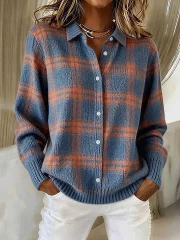 Women's Plaid Knitted Cardigan Sweater Lapel Long Sleeve Button Color Block Loose Top Autumn Winter Knitwear