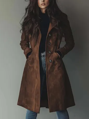 Women Suede Long Trench Coat Turn-down Collar Patchwork Single-breasted Windbreaker Outerwear For Autumn Winter Casual Daily Top