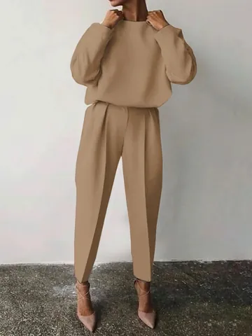 Completo Casual da Donna in Due Pezzi Tinta Unita Felpa a Maniche Lunghe e Pantaloni a Gamba Dritta a Vita Alta