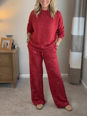 Conjunto Casual de Lentejuelas Brillantes de Navidad para Mujer Top de Manga Larga con Cuello Redondo y Pantalones Anchos con Cordón