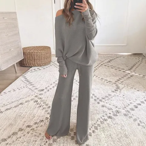 Ensemble Deux Pièces en Tricot Décontracté pour Femmes Couleur Unie Haut à Manches Chauve-Souris Et Pantalon Large Taille Haute