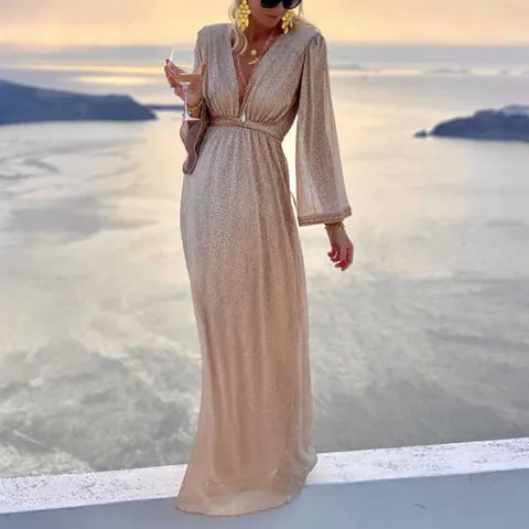 Elegant Women Sequin Maxi Dress Deep V-Neck Long Sleeve Top And Bottom Evening Banquet Patchwork Party Dress Polyester Dress