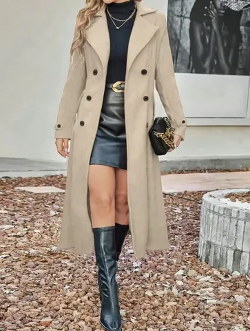 Cappotto Lungo Elegante da Donna in Misto Lana Spesso a Doppio Petto con Revers Capispalla Invernale Caldo con Tasche Giacca da Ufficio