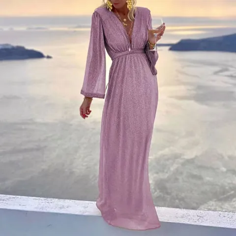 Elegant Women Sequin Maxi Dress Deep V-Neck Long Sleeve Top And Bottom Evening Banquet Patchwork Party Dress Polyester Dress