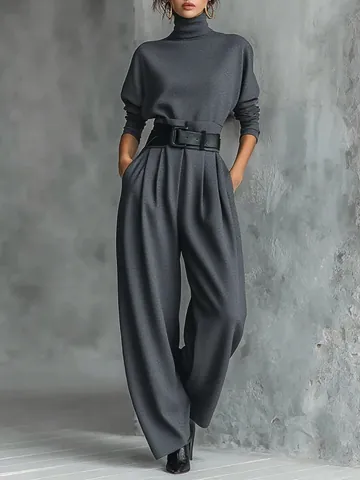 Women Elegant High Neck Long Sleeve Top And Bottom With High Waist Wide Leg Pants Polyester Commuting Casual Outfit Set With Belt