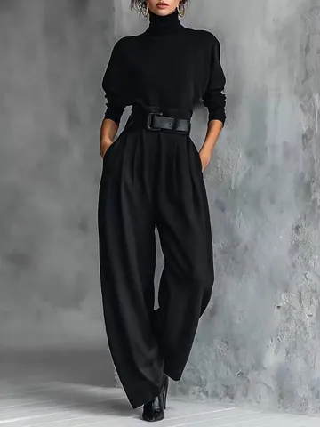 Women Elegant High Neck Long Sleeve Top And Bottom With High Waist Wide Leg Pants Polyester Commuting Casual Outfit Set With Belt