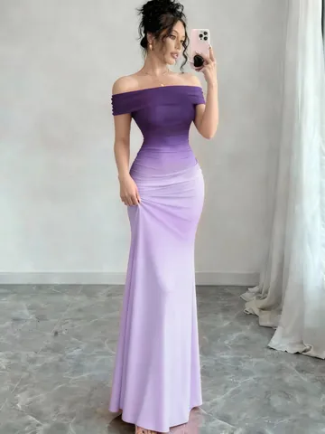 Women Sexy Gradient Off Shoulder Bodycon Maxi Dress Elegant Short Sleeve High Waist Slim Fit Hip Wrap Night Club Party Dress