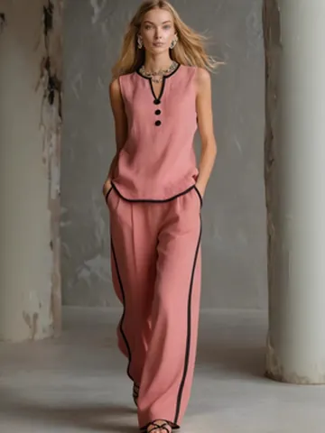 Women Casual Sleeveless V Neck Button Contrast Trim Top And Bottom Wide Leg Pants Polyester Two Piece Outfit Fashion Suit