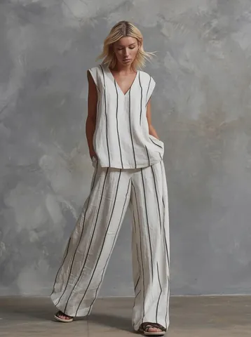 Completo Due Pezzi da Donna Minimalista Francese in Cotone Lino a Righe Top Senza Maniche Scollo a V E Pantaloni a Gamba Larga