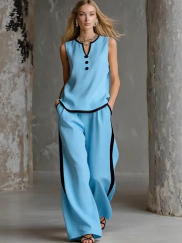 Women Casual Sleeveless V Neck Button Contrast Trim Top And Bottom Wide Leg Pants Polyester Two Piece Outfit Fashion Suit