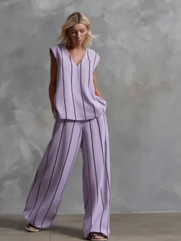 Completo Due Pezzi da Donna Minimalista Francese in Cotone Lino a Righe Top Senza Maniche Scollo a V E Pantaloni a Gamba Larga