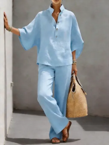 Women Casual Polyester Patchwork Top And Bottom Pants Set Stand Collar Button Short Sleeve Top And Wide Leg Bottom Set