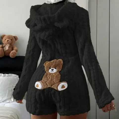 Women Casual Solid Color Hooded Long Sleeve Plush Bodysuit Cute Bear Ears Pattern One Piece Romper Home Wear Nightwear