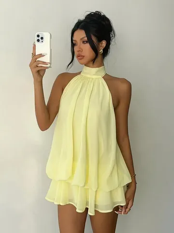 Women Sexy Halter Neck Backless Mini Dress Solid Color Ruffle Tiered Sleeveless Bodycon Vacation Party Dress For Ladies