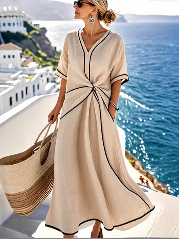 Women Elegant V Neck Striped Maxi Dress Twist Waist Printed Casual Short Sleeve Contrast Piping Bohemian Resort Long Dress