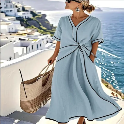 Women Elegant V Neck Striped Maxi Dress Twist Waist Printed Casual Short Sleeve Contrast Piping Bohemian Resort Long Dress
