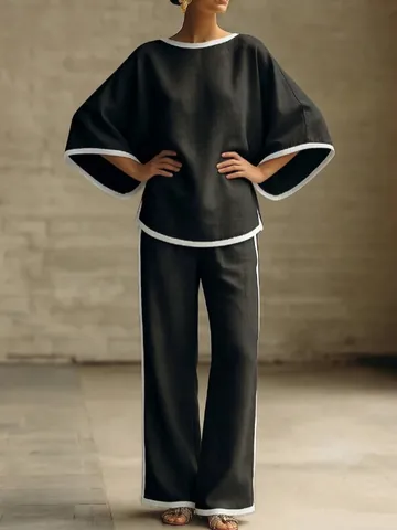 Elegant Women Polyester Spandex Top And Bottom Casual Loose Round Neck Batwing Sleeve Contrast Piping Long Pants Two Piece Set