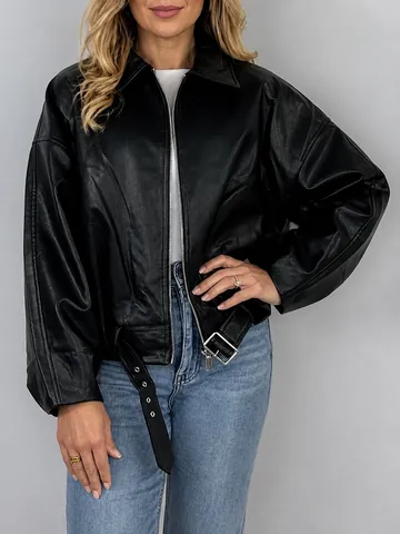 Women American Retro Faux Leather Bomber Jacket Vintage PU Biker Coat Oversized Lapel Zipper Outerwear With Adjustable Belt Hem Top