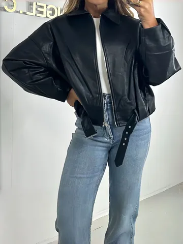 Women American Retro Faux Leather Bomber Jacket Vintage PU Biker Coat Oversized Lapel Zipper Outerwear With Adjustable Belt Hem Top