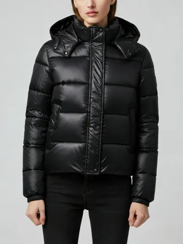 Women's Winter Padded Jacket Glossy Hooded Puffer Coat Warm Quilted Parka Outerwear Casual Solid Color Zipper Closure Top