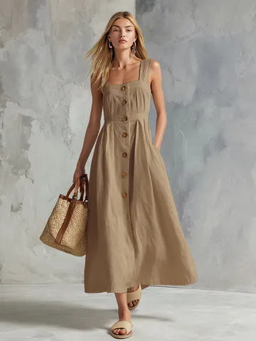 Women's Summer Fashion Polyester Sleeveless Suspender Dress With Single Breasted Button Square Neck Large Swing Midi Dress Casual Vacation Elegant Solid Dress