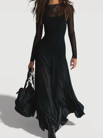 Women Elegant Mesh Splicing Long Dress Slim Fit Waist Round Neck Long Sleeve Solid Color High End Evening Banquet Dress