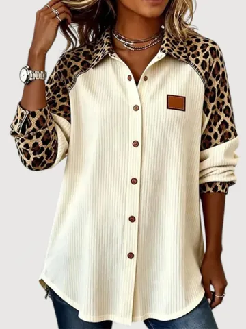 Women's Casual Leopard Print Patchwork Long Sleeve Shirt Loose Fit Lapel Single-Breasted Polyester Commuter Blouse Top