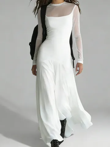 Women Elegant Mesh Splicing Long Dress Slim Fit Waist Round Neck Long Sleeve Solid Color High End Evening Banquet Dress