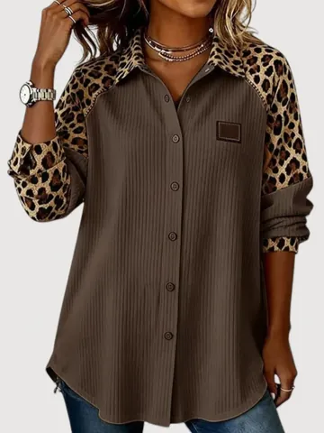 Women's Casual Leopard Print Patchwork Long Sleeve Shirt Loose Fit Lapel Single-Breasted Polyester Commuter Blouse Top