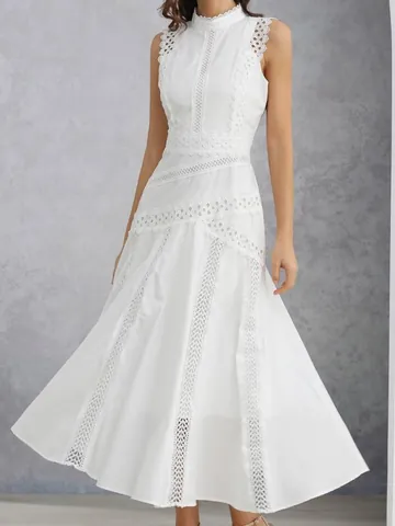 Elegant Women Lace Hollow Out Maxi Dress Sleeveless High Neck A-Line Long Dress Solid Color Sexy Party Dress Polyester Clothing