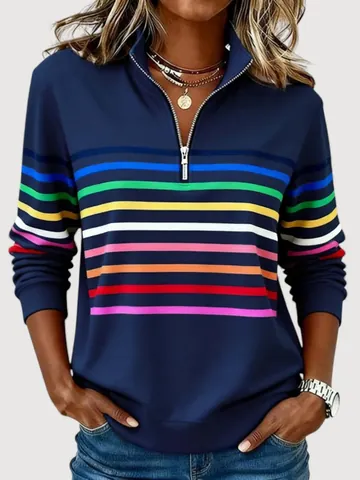 Felpa Casual da Donna con Mezza Zip a Righe Revers Manica Lunga Pullover in Poliestere Top Felpa con Stampa Arcobaleno