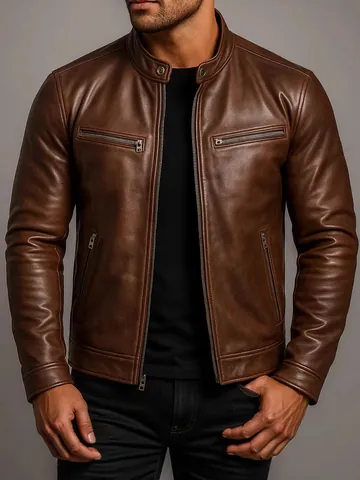 Heren Faux Leren Locomotief Jas Staande Kraag Punk Piloten Bikerjack Multi-Zakken Winddicht PU Leren Bovenkleding Jas