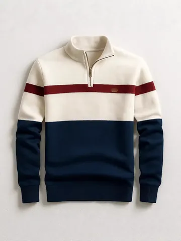 Men's Business Casual Color Block Half-Zip Pullover Knitted Stand Collar Long Sleeve Polyester Striped Top Autumn Winter