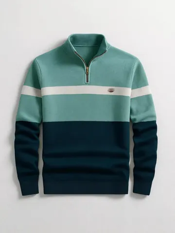 Men's Business Casual Color Block Half-Zip Pullover Knitted Stand Collar Long Sleeve Polyester Striped Top Autumn Winter
