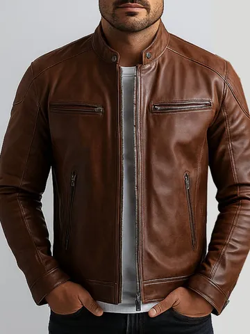 Heren Slim Fit PU Leren Motorjas Opstaande Kraag Biker Bomber Kunstlederen Mantel Vintage Punk Stijl Bovenstuk